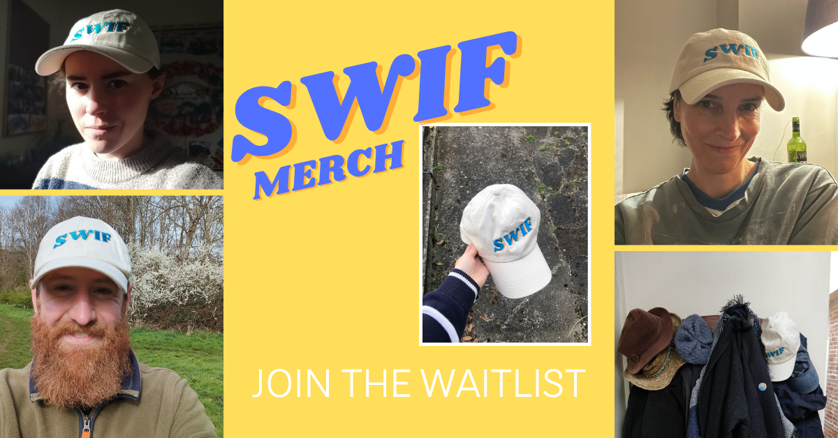 Pictures of filmmakers wearing a baseball cap with SWIF logo on it.