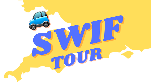 "SWIF tour" wording with car emoji on top of UK map in yellow