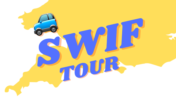"SWIF tour" wording with car emoji on top of UK map in yellow