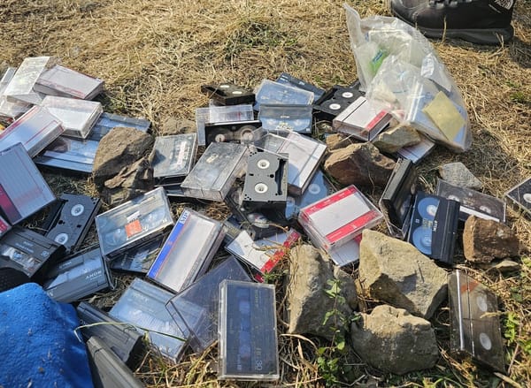 Camcorder tapes in disarray on the ground